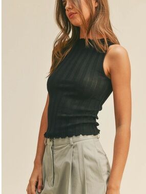 Miou Muse Sleeveless Ribbed Mock-Neck Tank — Black